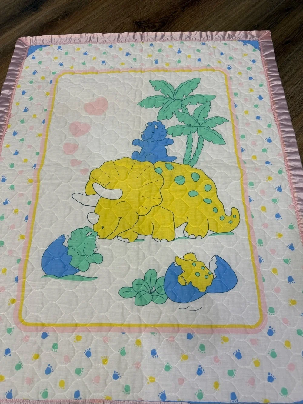 Vintage Baby Dinosaur Crib Quilt Blanket 44x34 Pink Satin Trim Nursery Decor